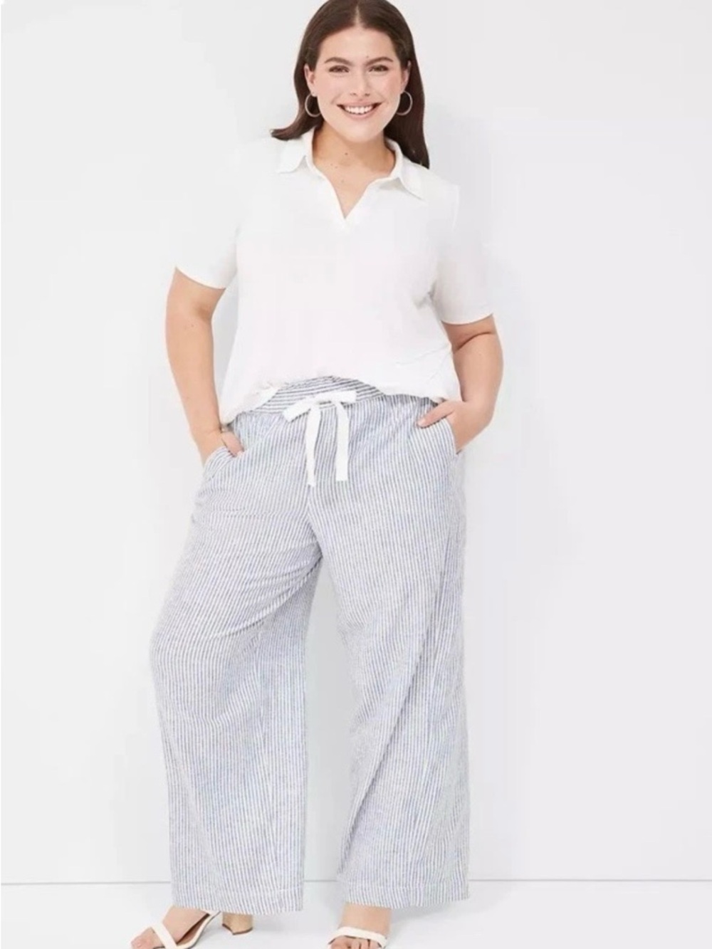 Lane Bryant 24 Linen Stripe Wide Leg Pants Pull On Drawstring Railroad